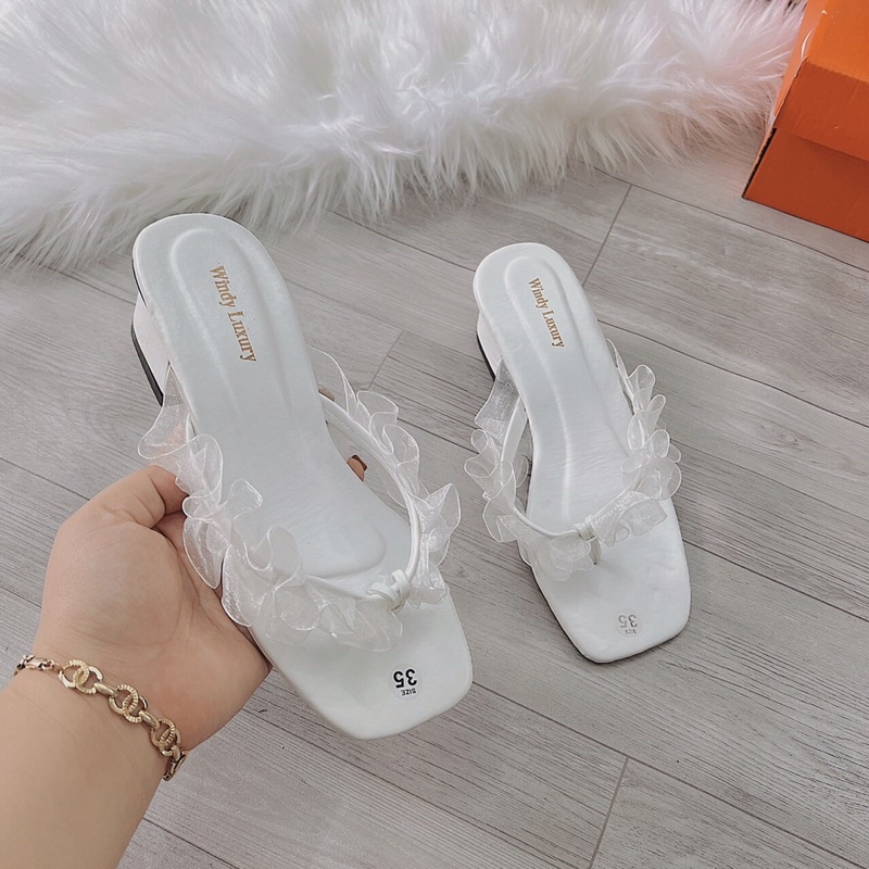 Dép nữ cao gót tông ren gót vuông 4cm kiểu mới siêu đẹp