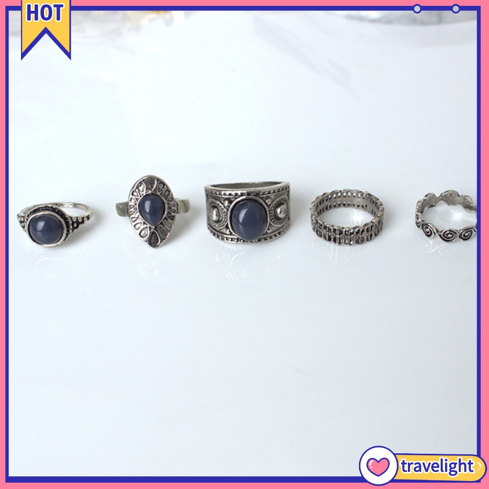 Set 5 Nhẫn Đính Đá Xanh Phong Cách Bohemian Cổ Điển Cho Nữ