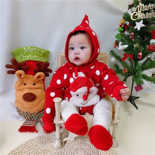 Bộ Áo Liền Quần + Nón Vải Dày Họa Tiết Giáng Sinh Dễ Thương Cho Bé Gái