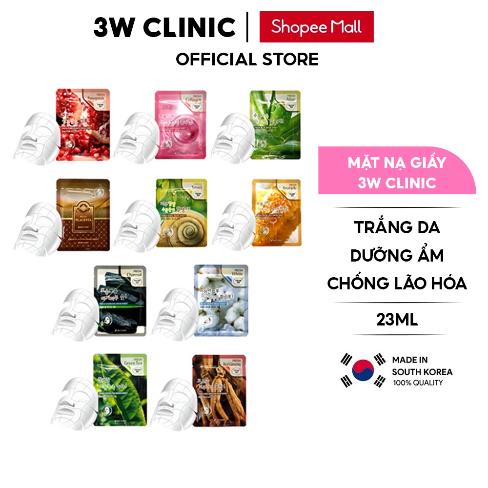 Mặt nạ giấy dưỡng da 3W CLINIC Hàn Quốc chiết xuất từ thiên nhiên giúp trắng da dưỡng ẩm và mềm mịn da lẻ miếng 23ml