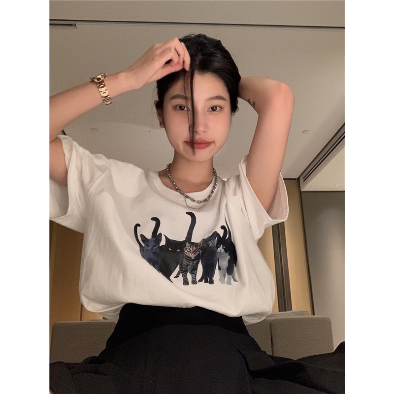 Áo thun Peppermint 50423 vải cotton cổ tròn dáng rộng ngắn tay in hình mèo dễ thương