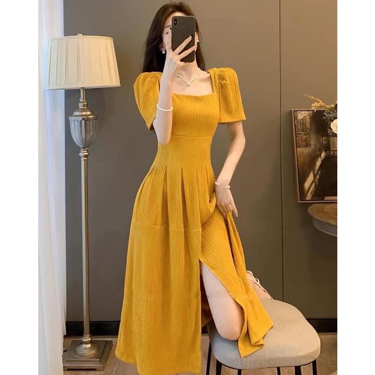 Váy nữ thiết kế dự tiệc, Đầm Xếp ly cổ vuông, xẻ tà sang trọng, trẻ trung