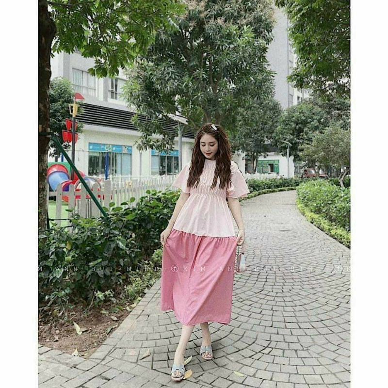 Đầm midi hồng phối nhún | BigBuy360 - bigbuy360.vn