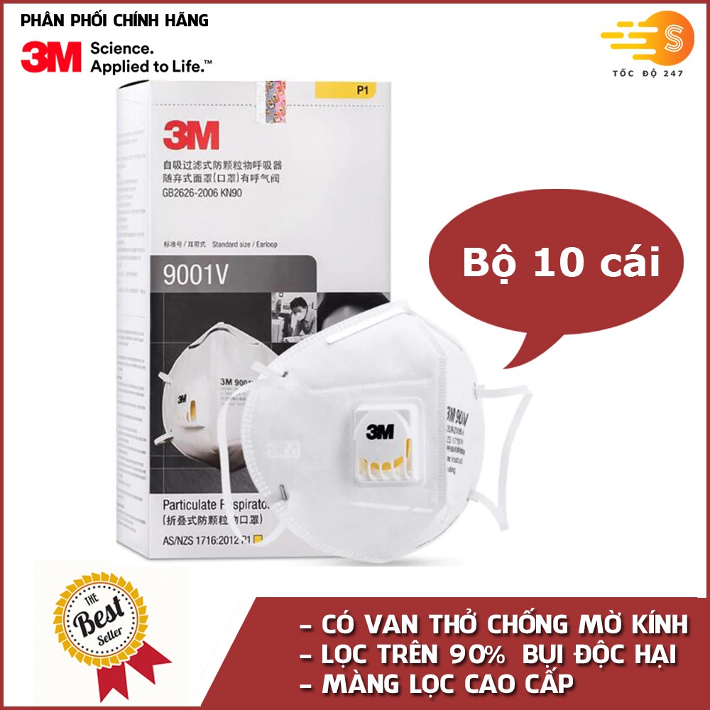 Khẩu trang chống bụi và kháng khuẩn có van thở chống mờ kính 3M 9001V - Hộp 10 cái, 25 cái