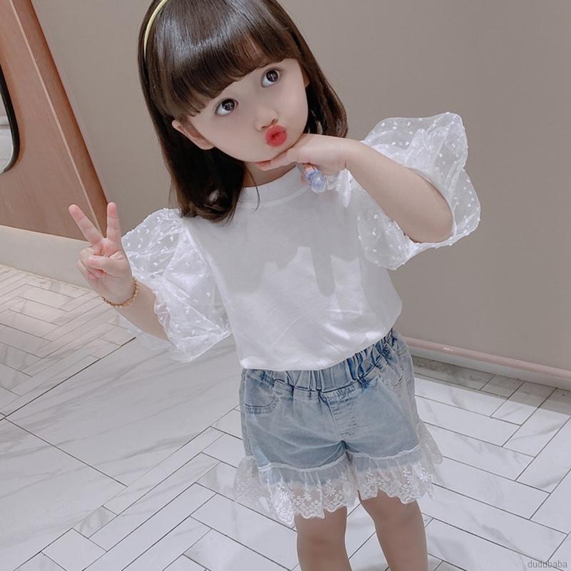Set Áo Kiểu Tay Phồng Phối Ren Và Quần Short Denim Cho Bé Gái
