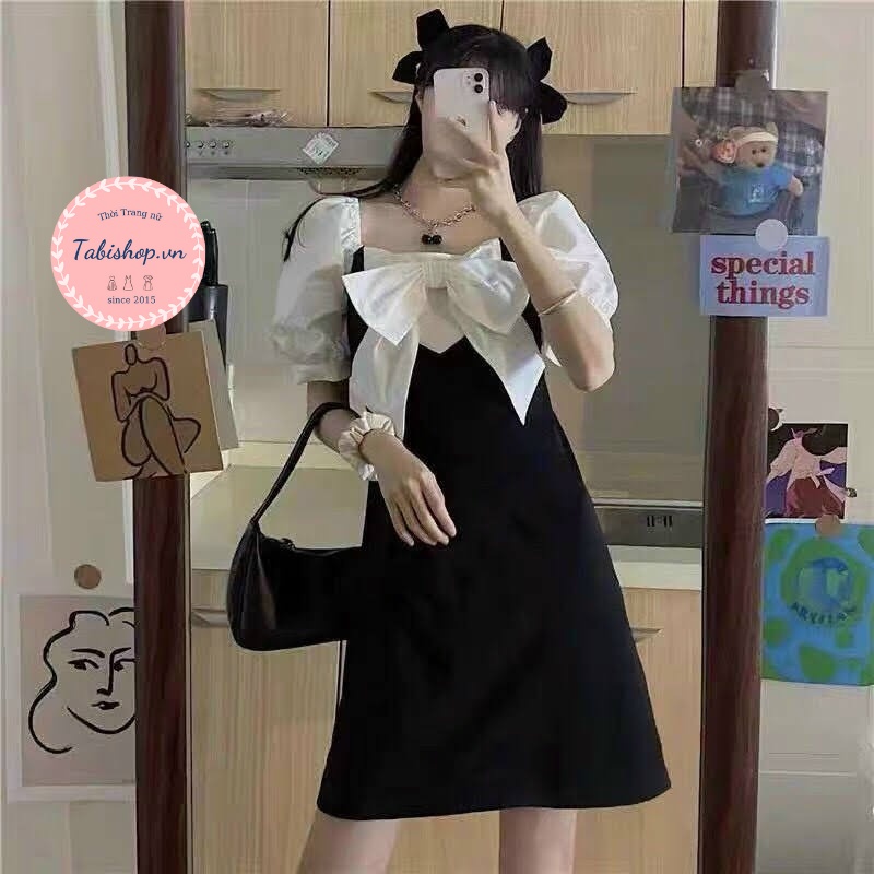 Váy đầm nữ màu đen phối nơ trắng cho bánh bèo, Đầm tiểu thư phong cách ulzzang Hàn Quốc đi tiệc đi học đi chơi siêu xinh | BigBuy360 - bigbuy360.vn
