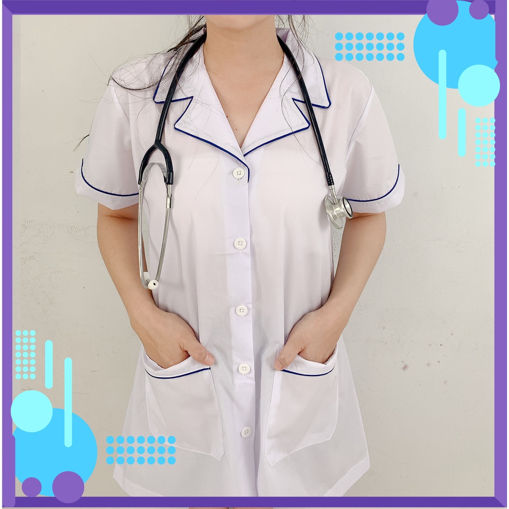 [Ảnh chụp thật] Áo Blouse trắng dược sĩ NAM NỮ tay ngắn có túi, Áo nhà thuốc/ điều dưỡng thân ngắn tay ngắn