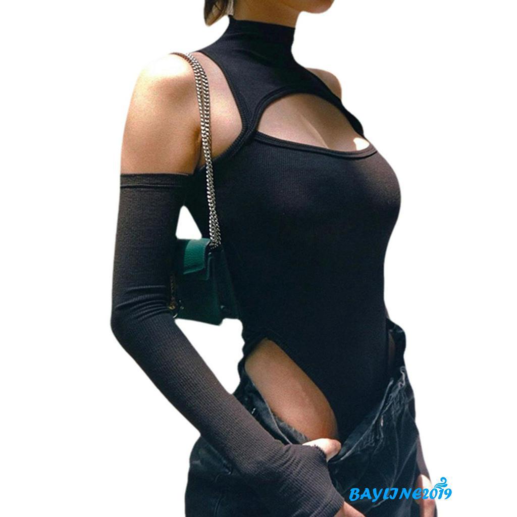 Jumpsuit hở vai tay dài màu trơn thiết kế đường cắt quyến rũ hợp thời trang cho nữ