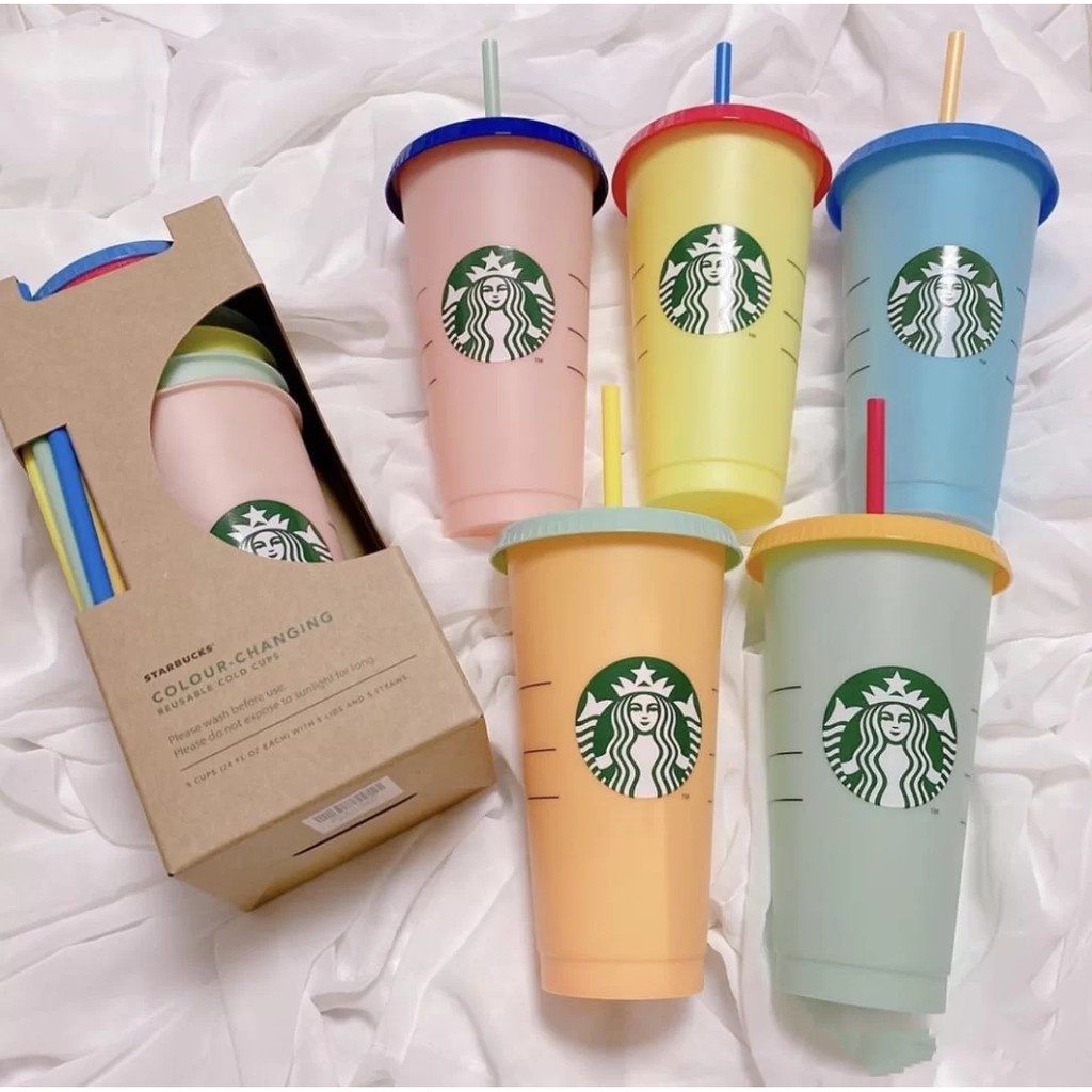 Bộ 1 hoặc 5 ly nhựa Starbucks thay đổi màu sắc có nắp đậy và ống hút 24 fl oz có thể tái sử dụng