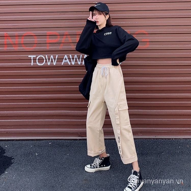 Overalls Female Students Korean Style Baggy Straight Trousers2020Summer New High Waist Pure Cotton Casual Wide-Leg Cropped Pants