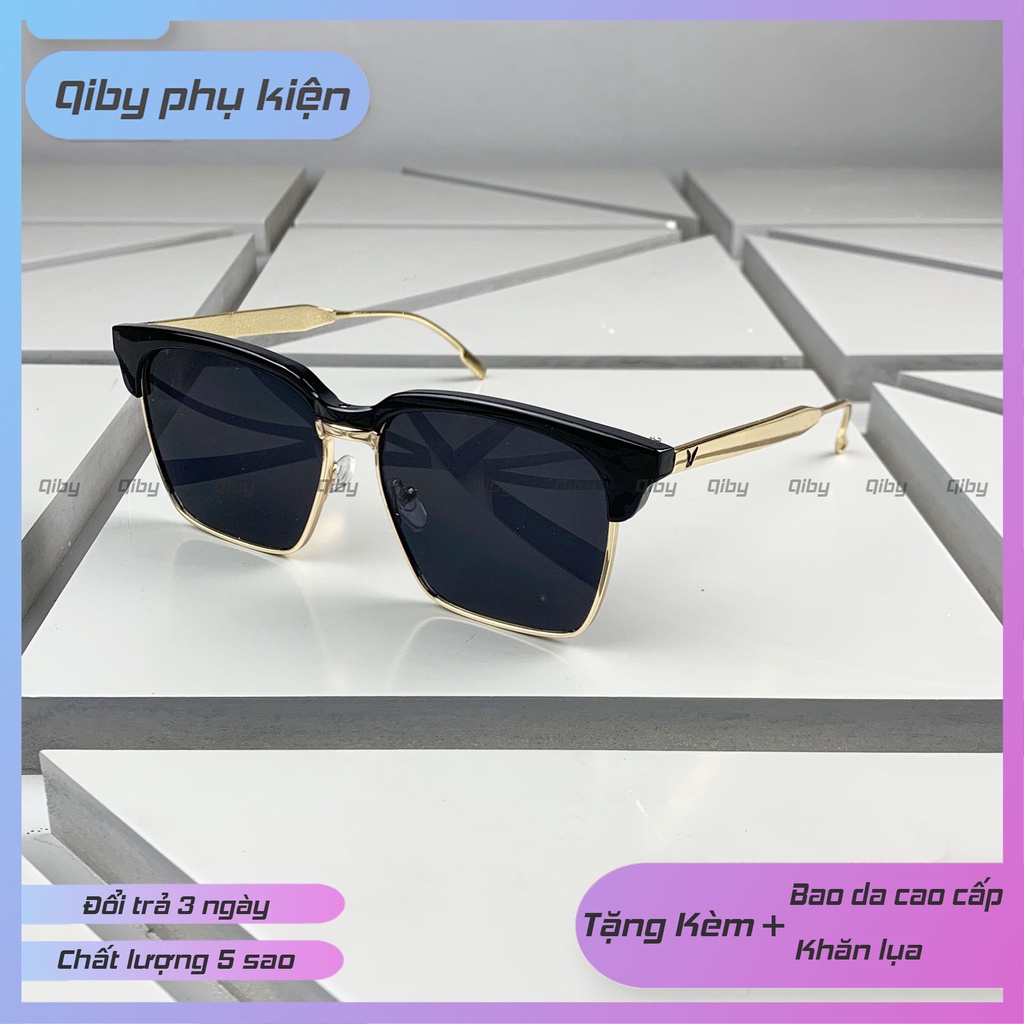 Kính V thời trang nam nữ Qb-SWB gọng Kim Loại mạ vàng Tròng Râm đen Nửa viền