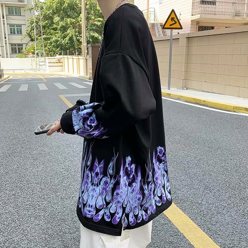 Áo nỉ tay dài in hình ngọn lửa phong cách hip hop thời trang cho nam nữ