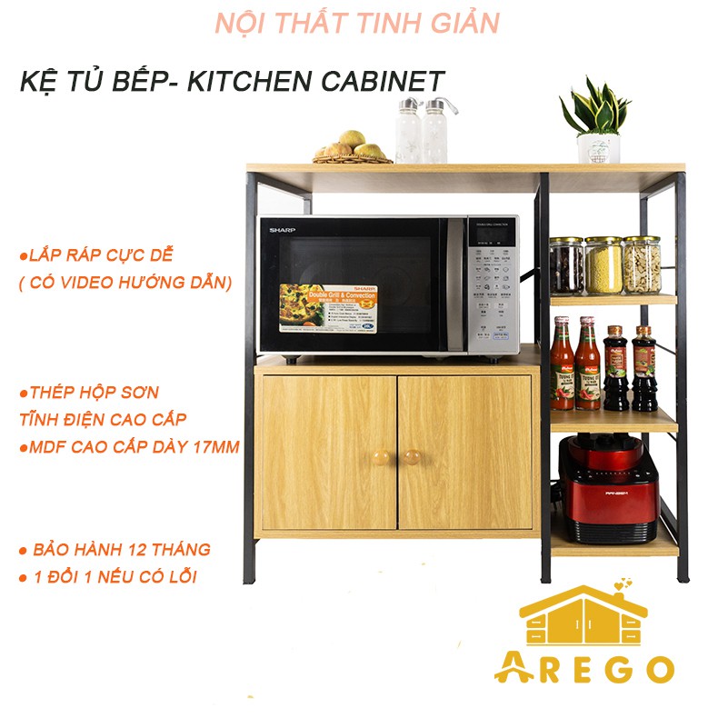 Kệ Lò Vi Sóng, Kệ Nhà Bếp AREGO -  Hàng cao cấp gia công kĩ nặng 35kg - MDF dày dặn, khung sắt sơn tĩnh điện
