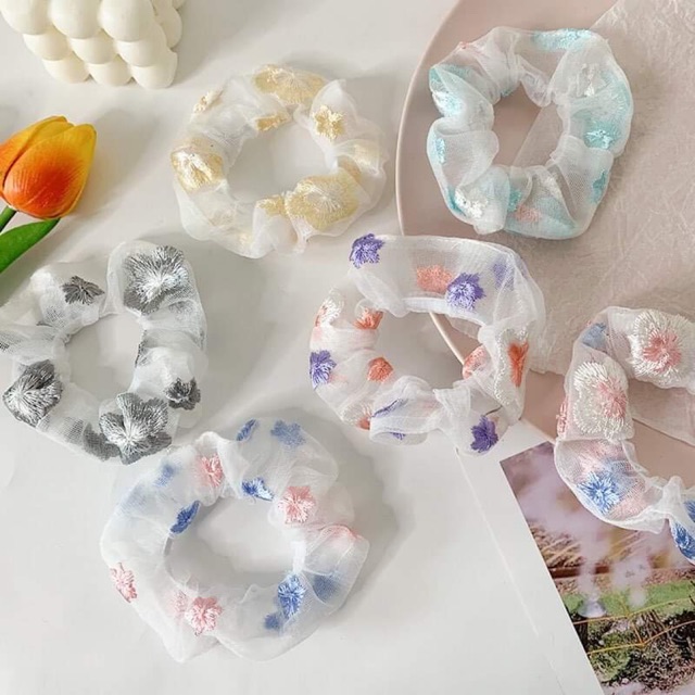 Chun cột tóc Scrunchies hoa thêu lưới dịu dàng