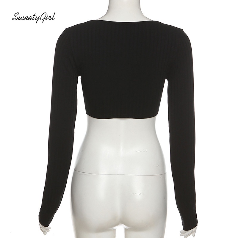 Áo Croptop Tay Dài Cổ Chữ V Màu Trơn In Chữ Phong Cách Đường Phố Quyến Rũ Dành Cho Nữ