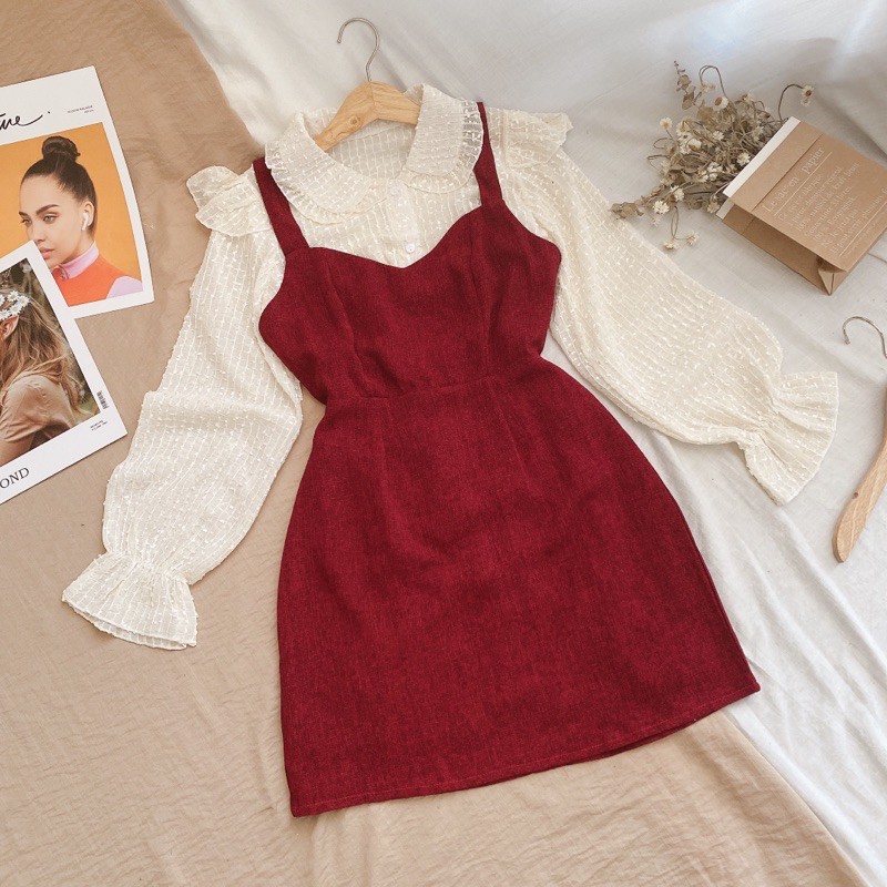 Set đầm yếm đỏ kèm áo sơ mi cổ sen | BigBuy360 - bigbuy360.vn