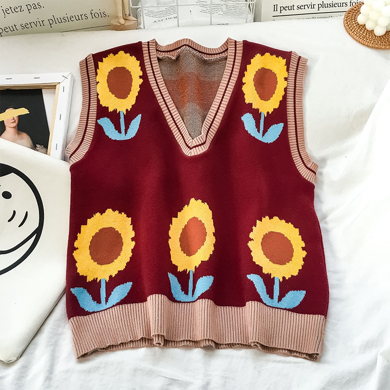 Áo len cổ chữ V họa tiết hoa cúc phong cách retro Hàn Quốc