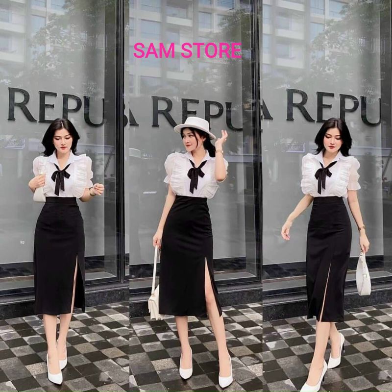 Set Áo Trắng Bèo Cài Nút Thật Và Chân Váy Xẻ Size M SamStore