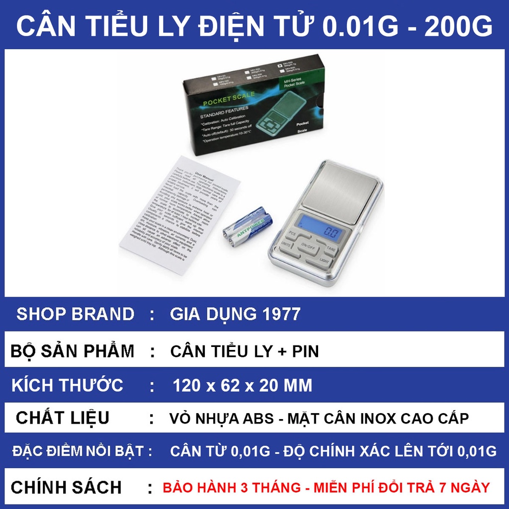 Cân tiểu ly điện tử nhà bếp mini định lượng 1g - 5kg làm bánh độ chính xác cao kèm 2 viên pin AAA