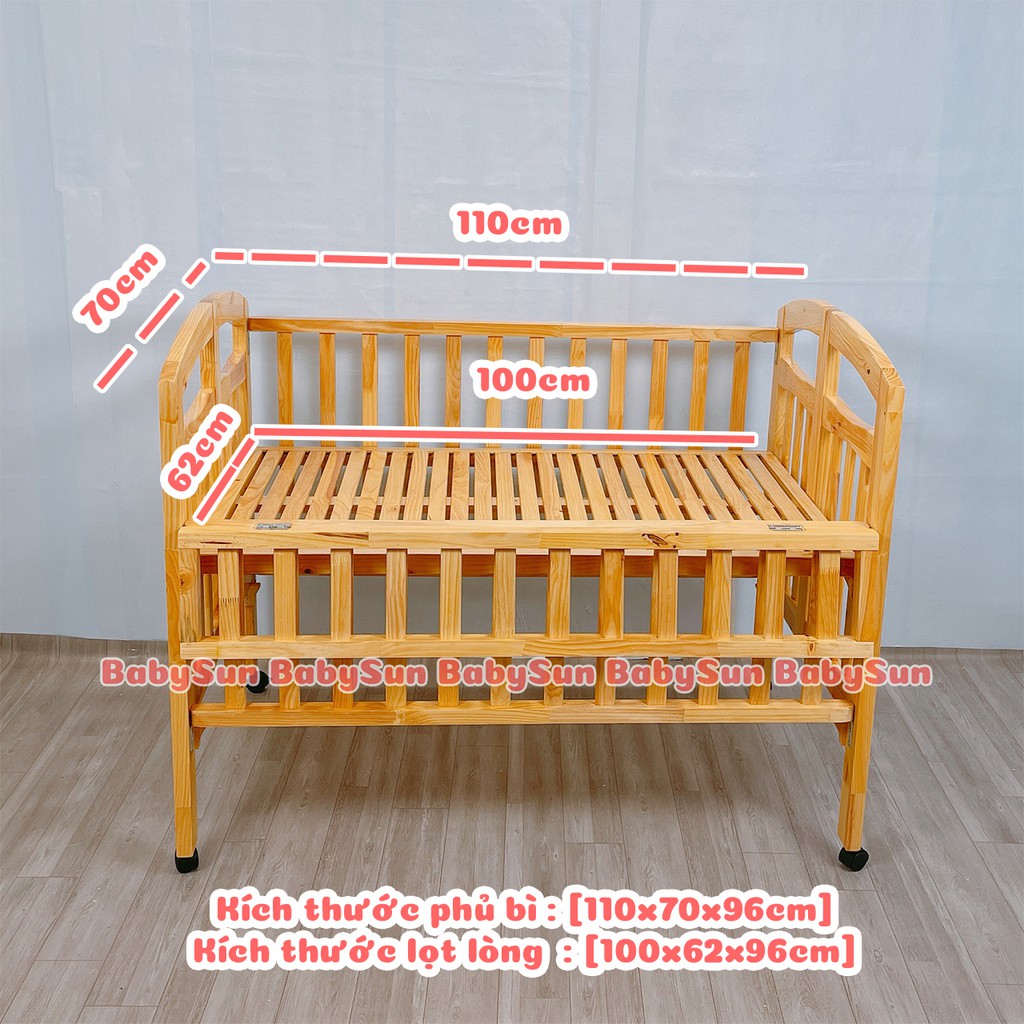 Cũi Trẻ Em BabySun Cũi Gỗ Thông Cho Bé Màu Tự Nhên  Kích Thước 110x70x96cm Chống Cong Vênh Mối Mọt Bảo Hành 12 Tháng