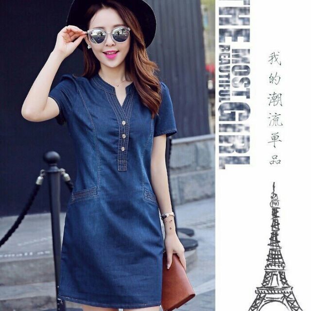 Đầm jean 2 túi cổ trụ gt