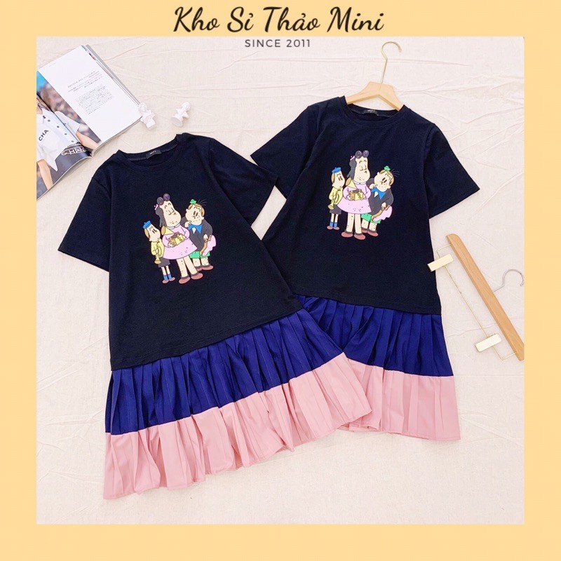 ĐẦM SUÔNG IN HÌNH PHỐI LAI MÀU XẾP LI Kho Sỉ Thảo Mini
