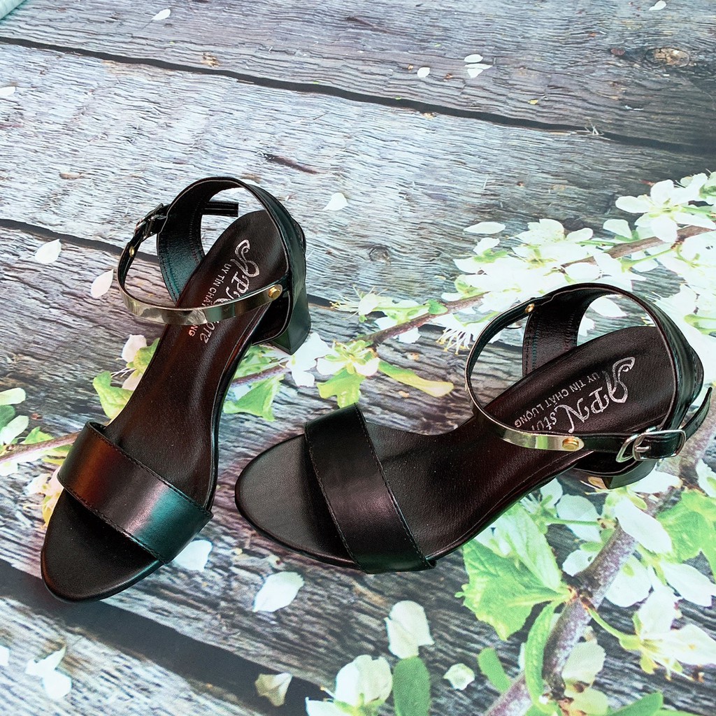 Giày Sandal Cao Gót Vuông 7p Quai Ngang Cổ Phối Đồng Da Mềm