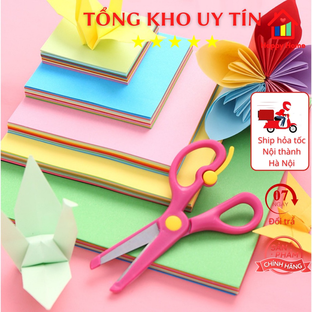 Tệp 100 tờ giấy gấp Origami, giấy thủ công gấp hạc hoa (10 màu tổng 100 tờ) nhiều kích thước Happy Home