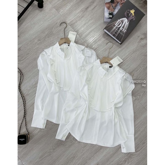 Áo sơ mi trắng kiểu ngực phối bèo tay dài gài nút 0902