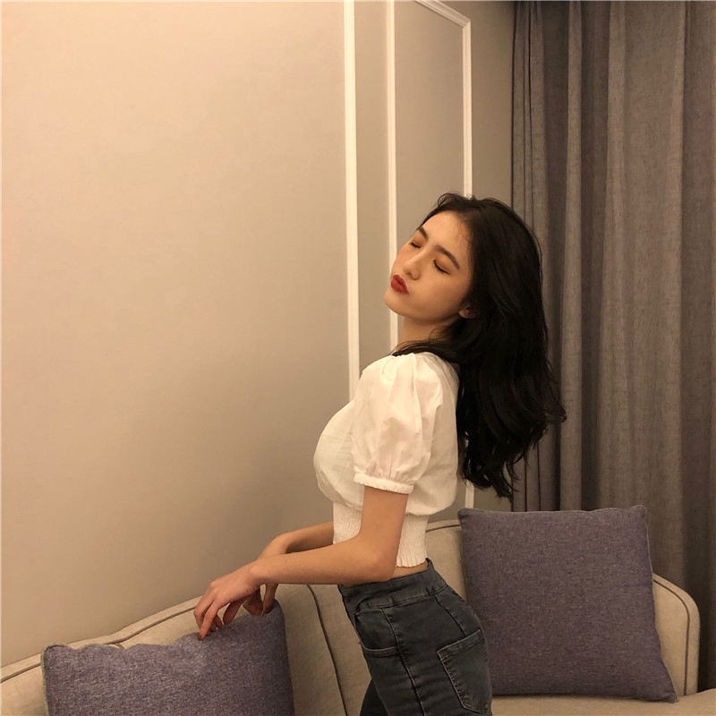 SUXI Áo nữ tay ngắn màu trơn phong cách retro Hàn Quốc