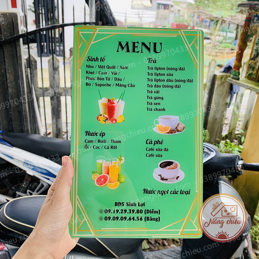Menu đồ uống nước ép cho tiệm cà phê thiết kế nội dung theo yêu cầu - Chất liệu mica sáng bóng - Size 17x27cm