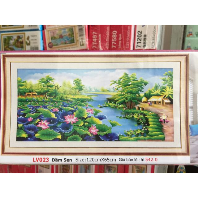 Tranh Đính Đá LÀNG QUÊ ĐẦM SEN (ĐÁ ABC CAO CẤP). Kích Thước: 1m2 x 65cm - 1m5 x 75cm