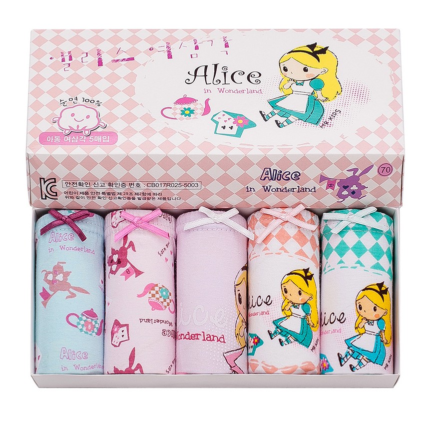 Set 5 quần xì trẻ em Hàn Quốc 100% vải cotton thoáng mát, an toàn cho sức khỏe mẫu Alice in Wonderland dành cho bé gái