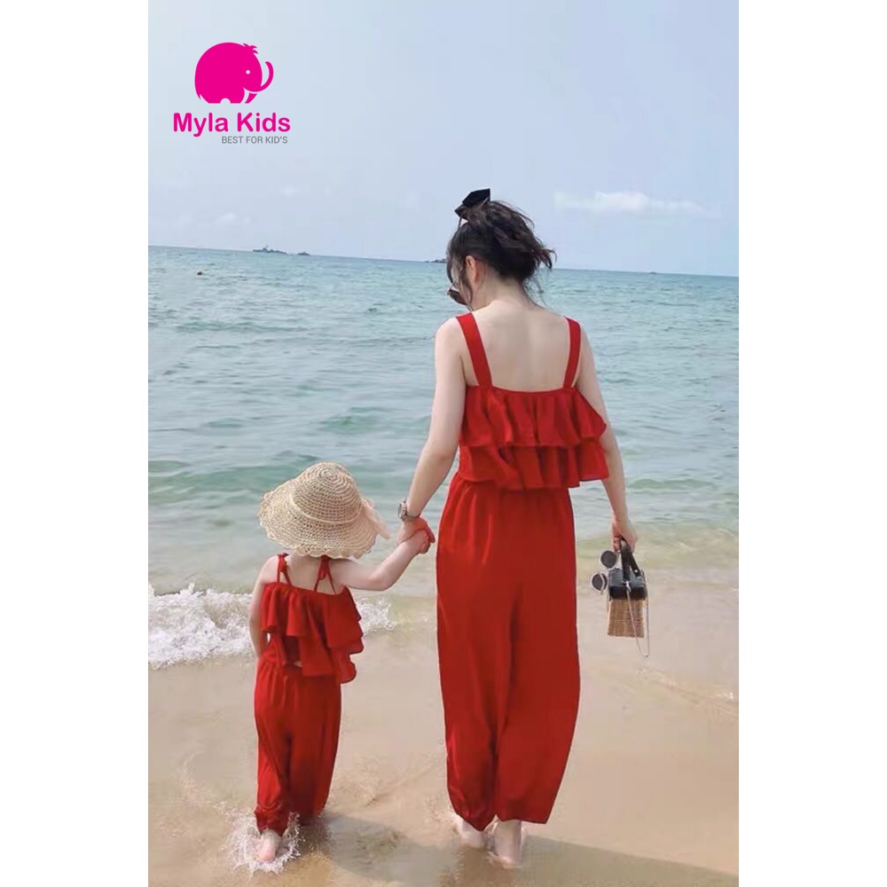 Đầm đôi mẹ và bé gái hai dây màu đỏ, set đồ đi biển cho mẹ và bé - kèm ảnh thật Mylakids
