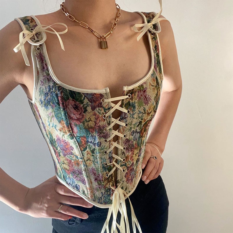 Áo Lửng Hai Dây In Hoa Phong Cách Vintage Gợi Cảm Cho Nữ