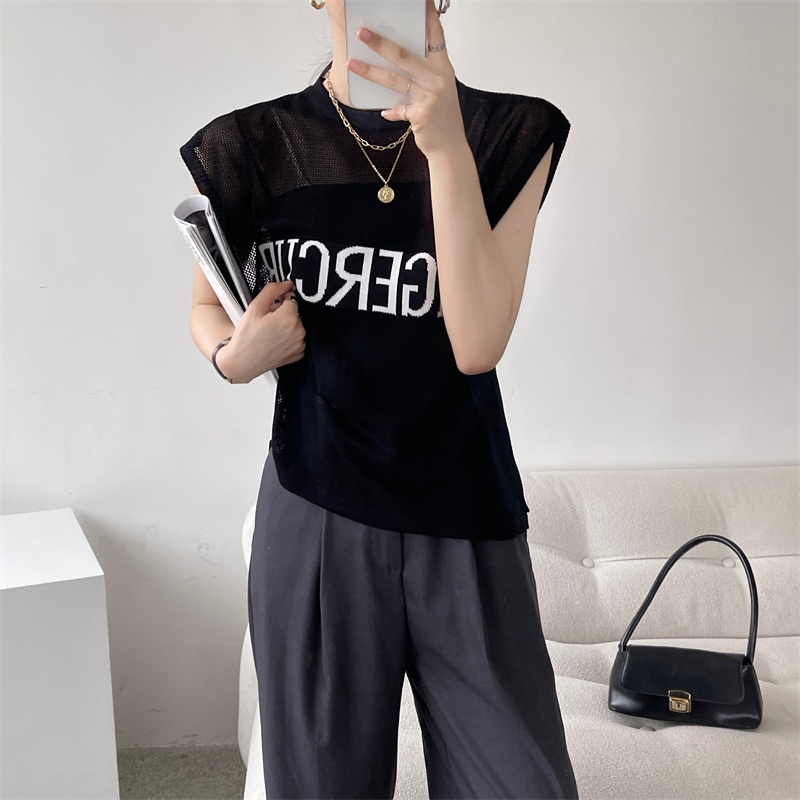 Áo Xiaozhainv dệt kim mỏng không tay dáng rộng in chữ 3 màu lựa chọn thời trang mùa hè cho nữ