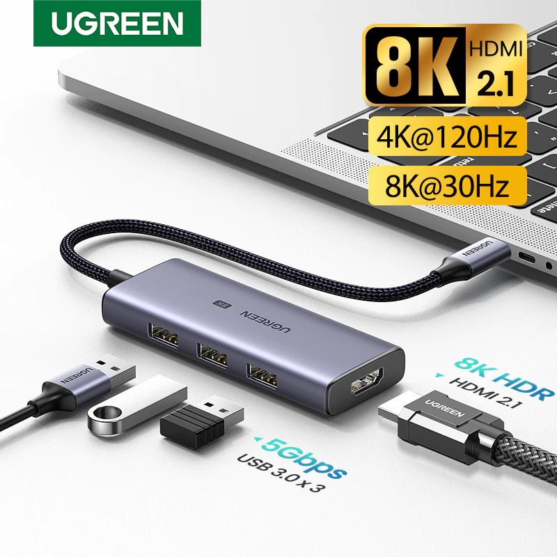 Bộ chuyển USB-C to HDMI 2.1 kèm Hub USB 3.0 Cao Cấp Ugreen 50629 CM500 Chính Hãng (HDMI 4k@120Hz 8K@30Hz)