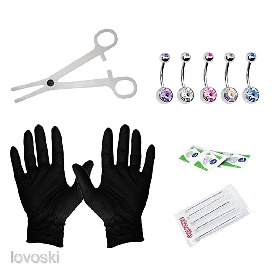 Bộ 15 Kim Xỏ Khuyên Rốn / Găng Tay / Rốn Đính Đá CZ 14G