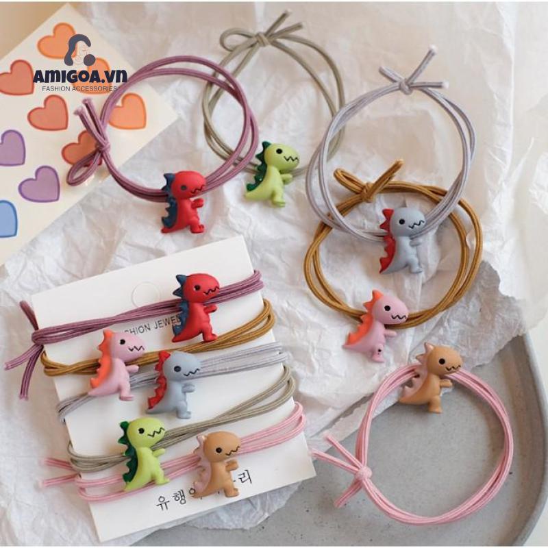Dây Cột Tóc Cao Su Thắt Nút Họa Tiết Khủng Long Xinh Xắn