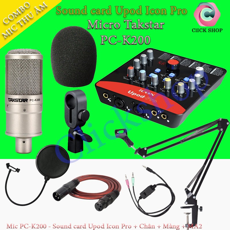 Bộ micro thu âm karaoke mic Takstar PC-K200 sound card icon upod pro chân màng dây livestream MA2