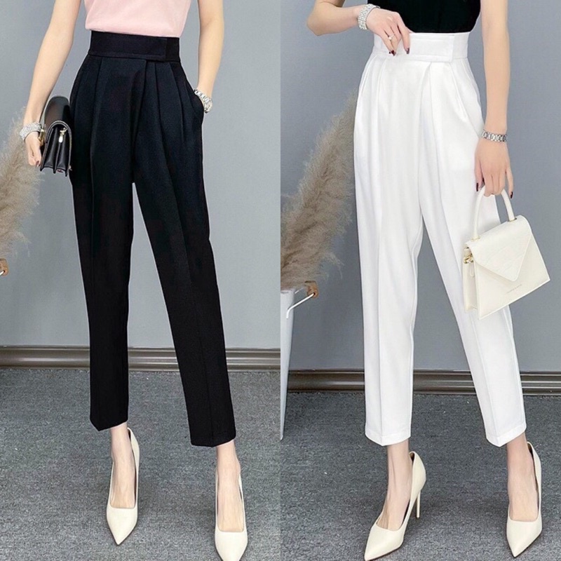 Quần tây baggy nữ lưng cao,quần baggy nữ trắng,quần vải nữ đai dán đi học đi làm chất tuyết mưa dáng