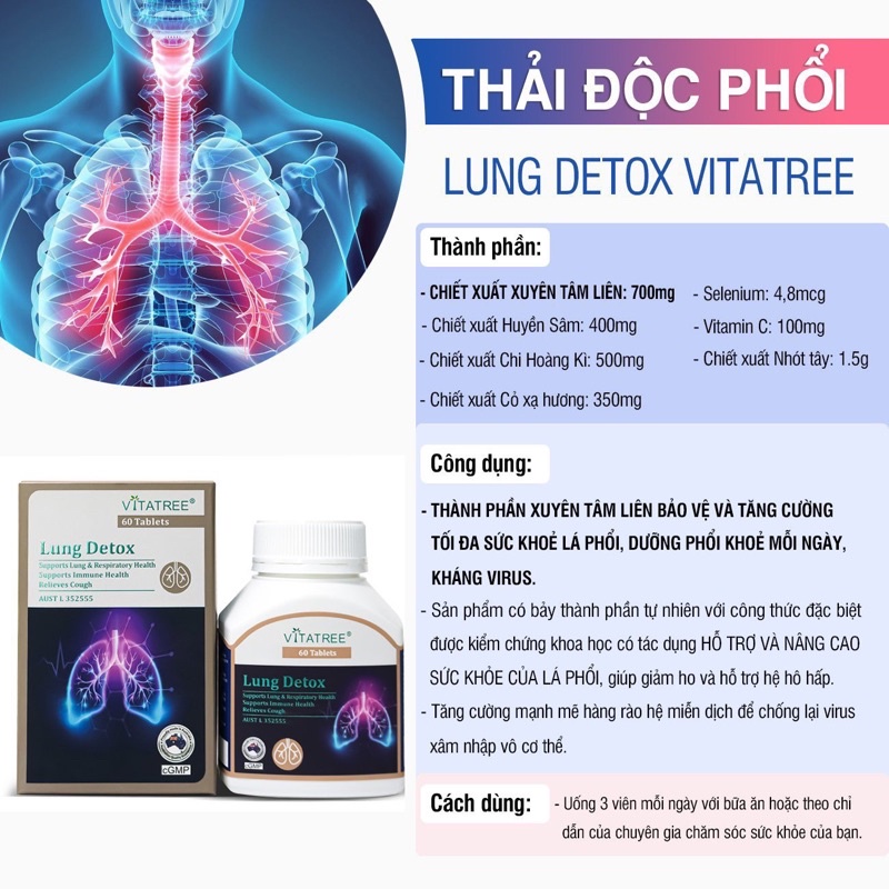 [Date 2025] Bổ phổi, thải độc phổi Vitatree lung detox 60 viên của Úc