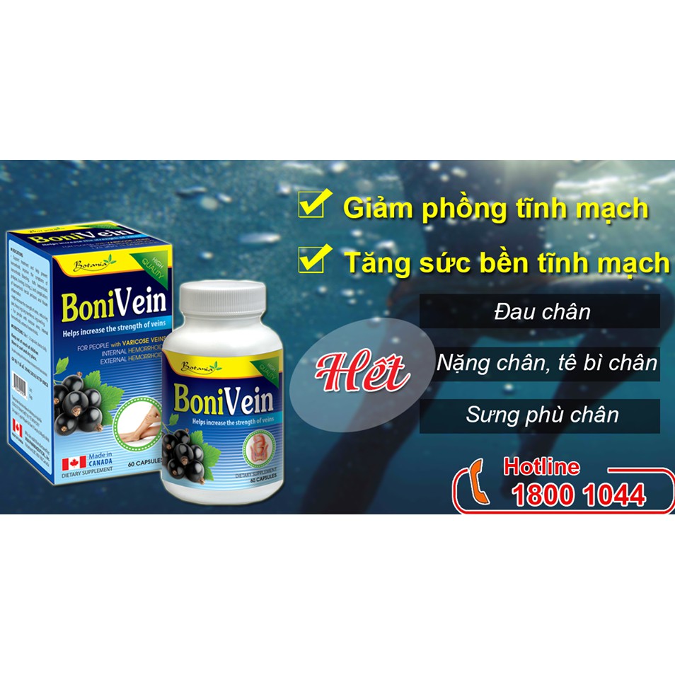 Boni Vein - Hỗ trợ và phòng ngừa bệnh trĩ, bệnh suy giãn tĩnh mạch, giảm tê nhức tay chân (Lọ 60 Viên)