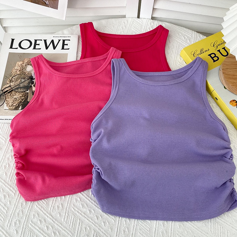 Áo croptop sát nách cổ tròn form ôm ALALA Áo ba lỗ dáng ngắn co giãn nhún điệu phong cách Hàn