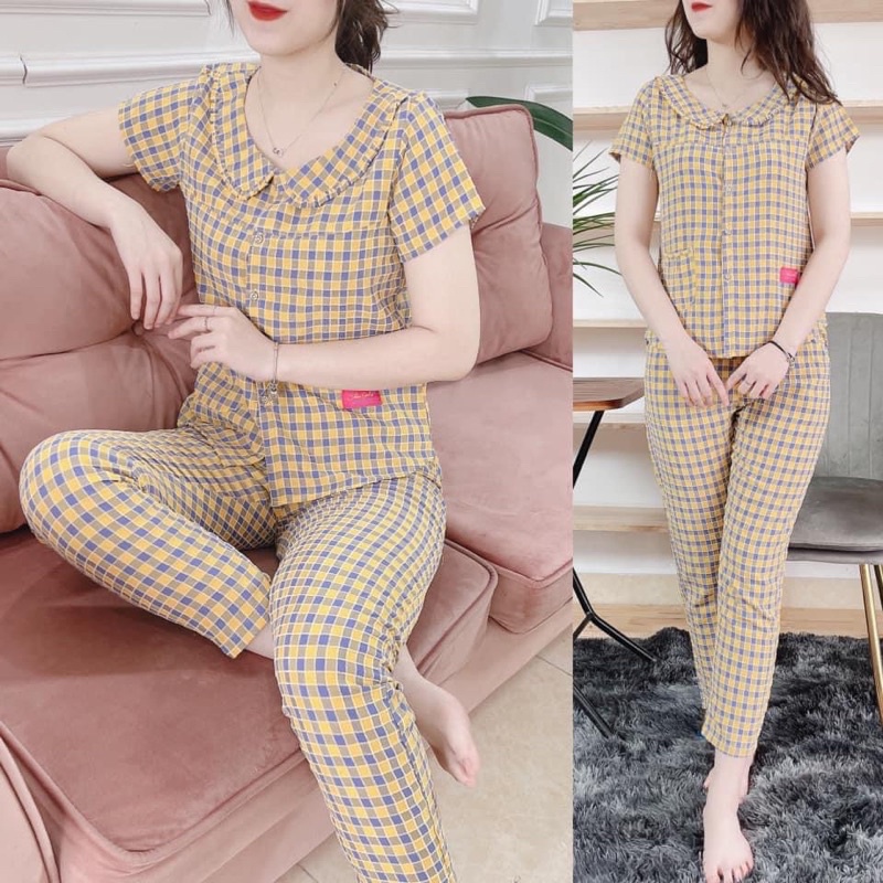 Bộ mặc nhà kẻ áo cộc quần dài, chất mềm mát, thấm hút mồ hôi, đủ size theo số đo