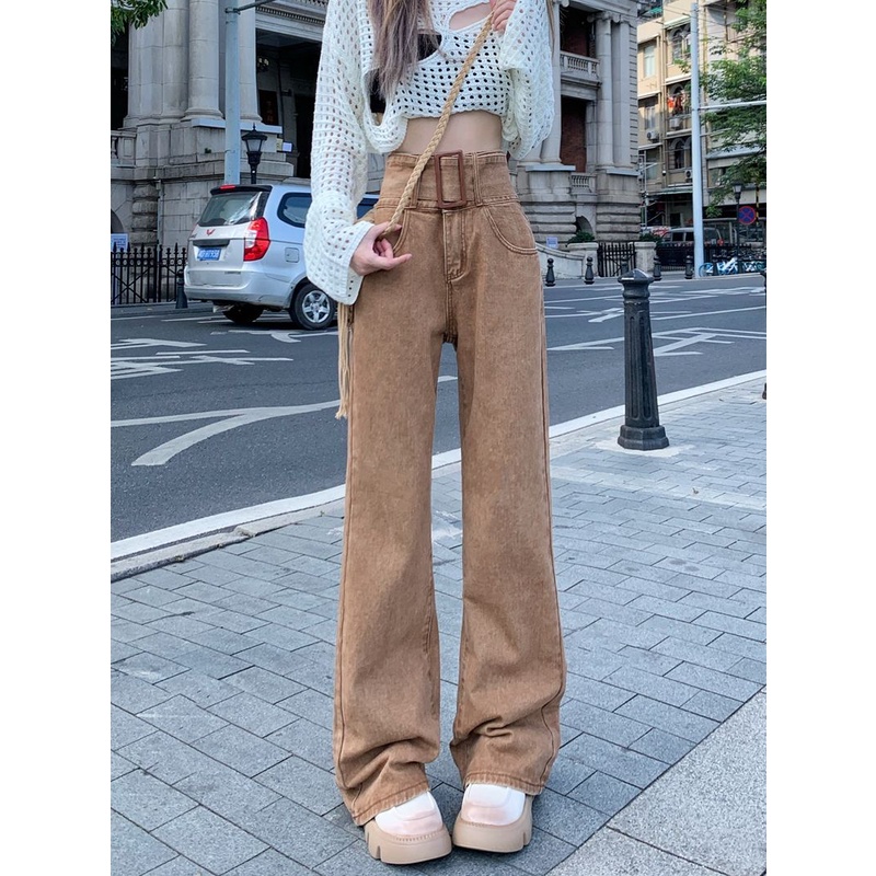 Jiashucheng Quần Jean Dài Lưng Cao Ống Rộng Thời Trang Mùa Thu Cá Tính Cho Nữ