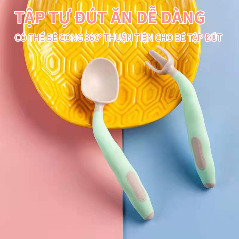 Bộ Dĩa Thìa ăn dặm uốn cong cho bé, thìa ăn dặm uốn cong, thìa tập ăn,thìa đút cháo bột, thìa ăn dặm.