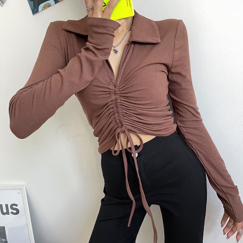 QADCOL Áo lửng tròng đầu tay dài dáng ôm phối dây rút hợp thời trang