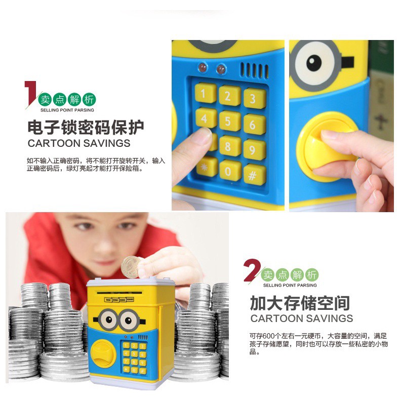 Két sắt mini thông minh cho bé tiết kiệm két sắt mini hoạt hình mở bằng mã số( tặng kèm pin)