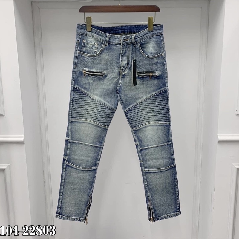 Quần Jean Xanh Nam Vải Nhăn Đùi Ống Phối Khoá Dáng Côn Siêu Đẹp QJ70P